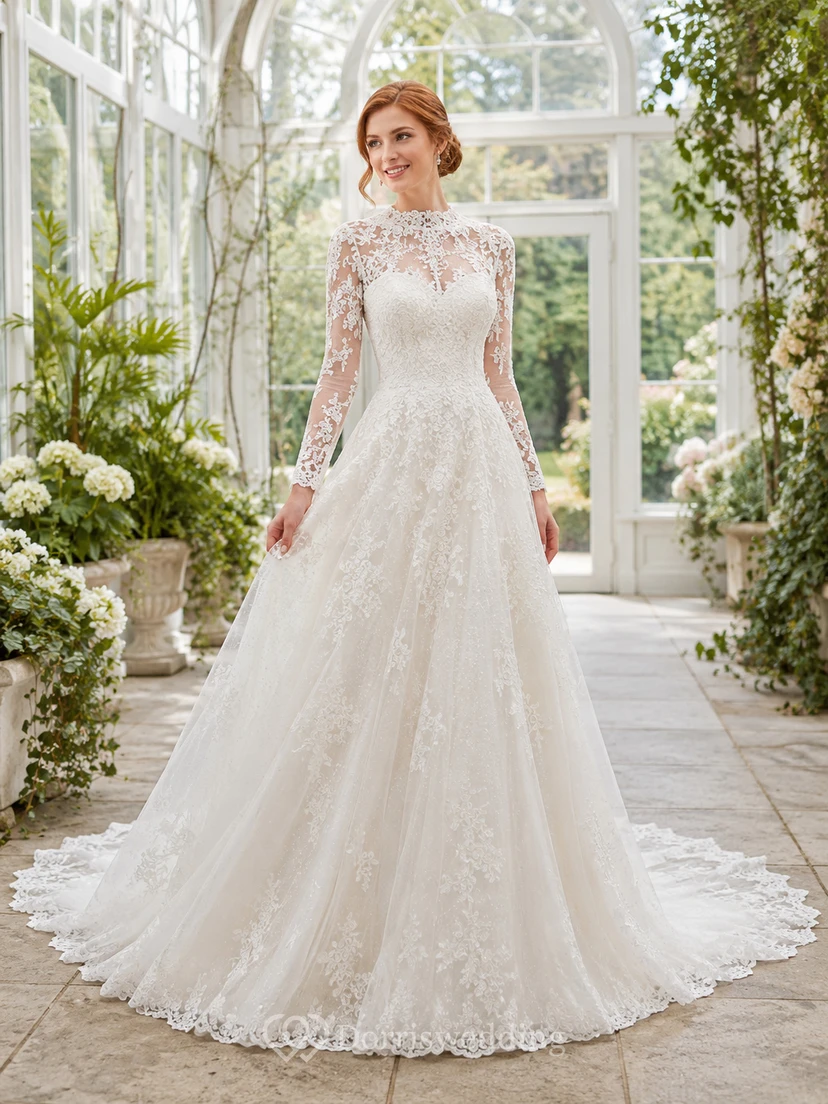 Bescheidenes, hochgeschlossenes Brautkleid mit langen Illusionsärmeln, floraler Spitze, A-Linie und Kapellenschleppe
