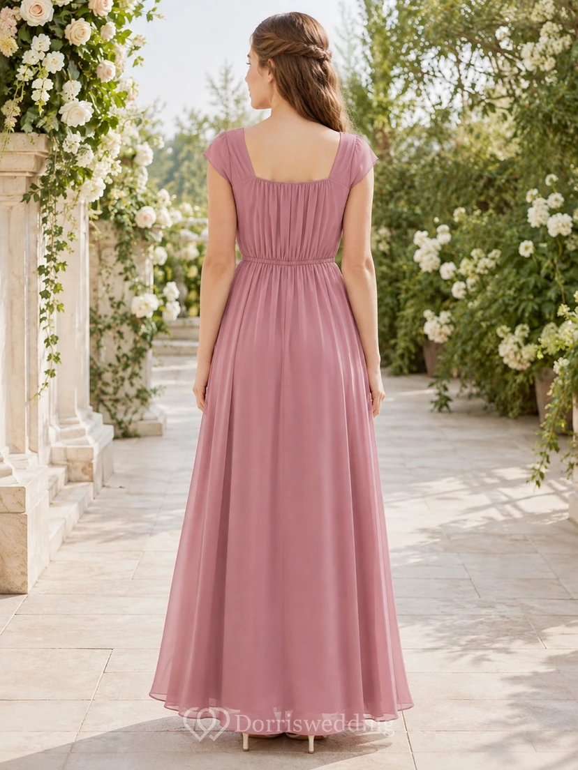 Vestido de dama de honor juvenil rosa empolvado, corte en A, manga corta, gasa con pétalos, cintura fruncida, estilo romántico. view 2