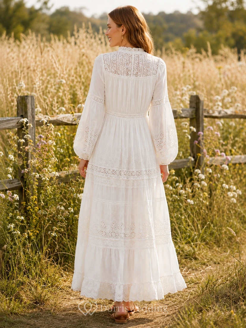 Subtle Modest Chiffon Lace High Neck Long Sleeve A-Line Floor-Length Bohemian Dress view 2