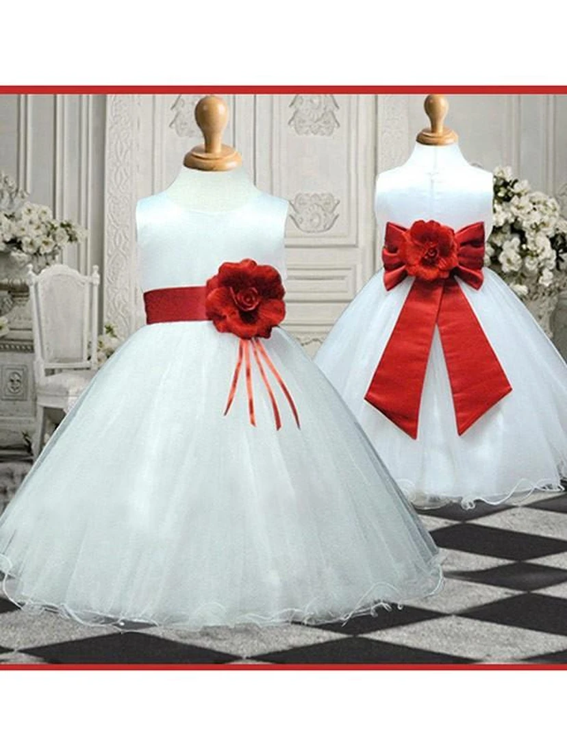 Robes de demoiselle d'honneur en organza, coupe trapèze, sans manches, ornées de fleurs faites à la main, longueur au sol