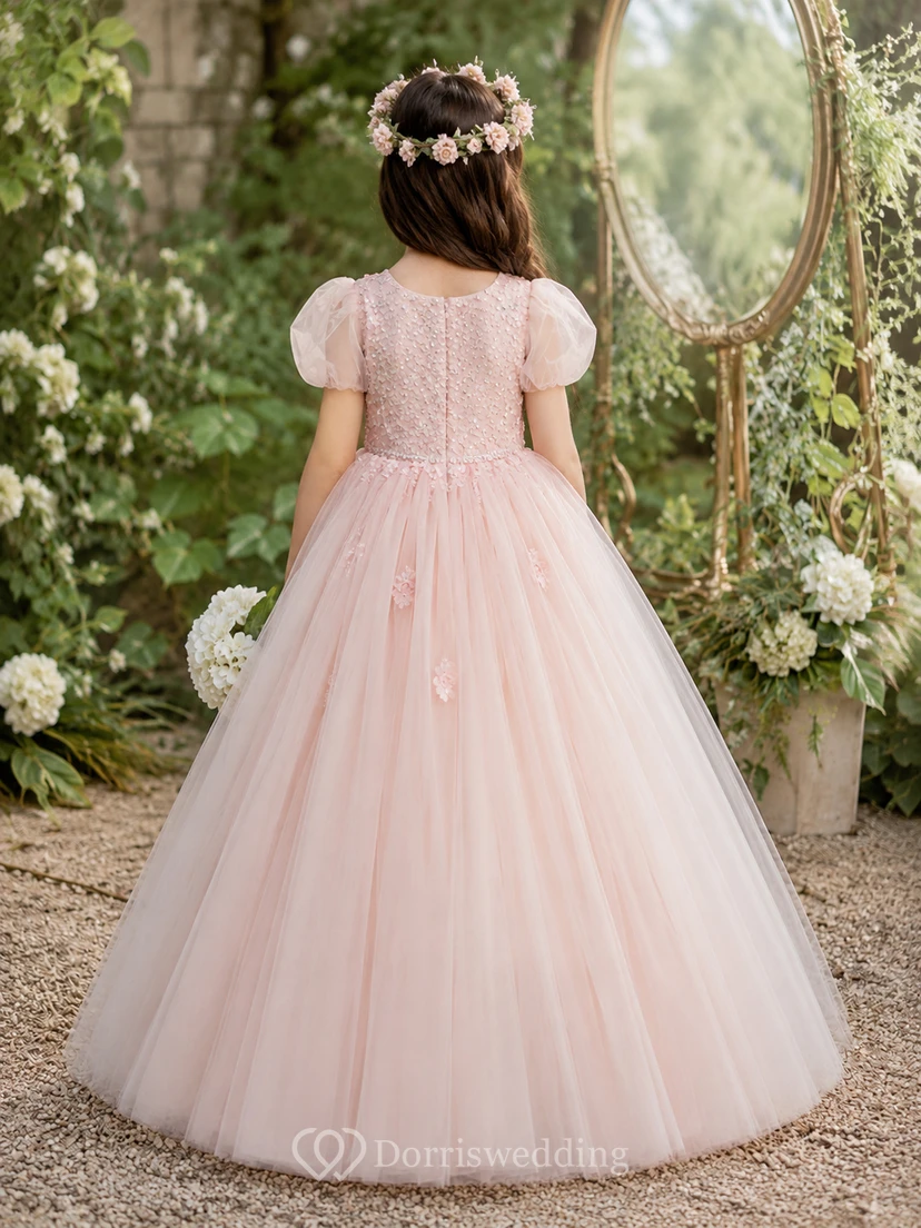 Flower Girl Dress Blush Tulle A-Line Jewel Neck Tea Length Bow Back view 2