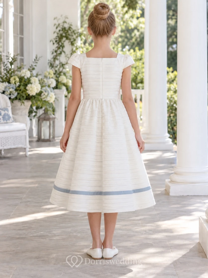 Square Neck Tea-length Ivory Patterned Stripe Cap Sleeve Gathered Blue-Trimmed A-Line Flowergirl Dress view 2