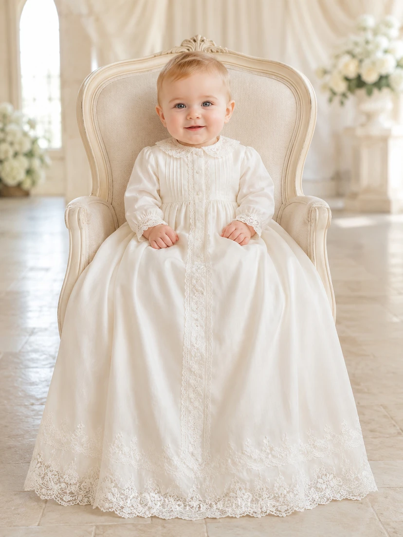 Elfenbeinfarbenes Taufkleid mit langen Ärmeln und Spitzenbesatz für Jungen