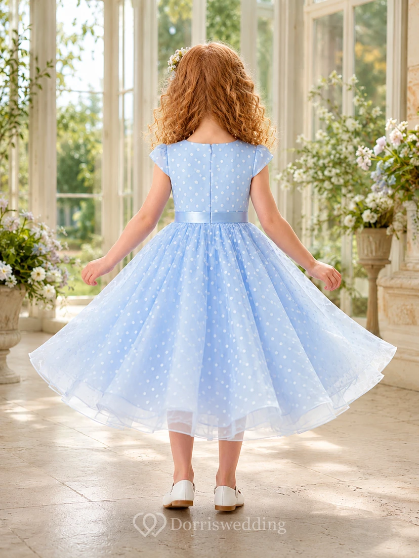 Sky Blue Polka Dot A-Line Tulle Flower Girl Dress, Short Sleeve Cap, Jewel Neck, Pleated Tea-Length Garden view 2
