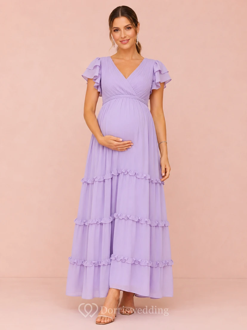 Vestido de fiesta largo hasta el suelo de gasa con escote en V y mangas con volantes color lavanda para embarazadas.