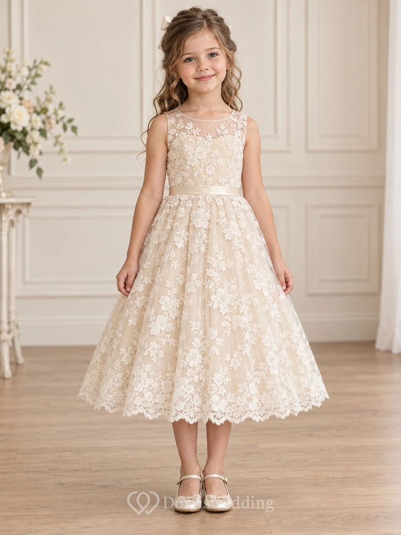 Vestido de niña de flores de corte A, largo hasta la rodilla, color marfil, con estampado floral, encaje, sin mangas, borde festoneado y cinta.
