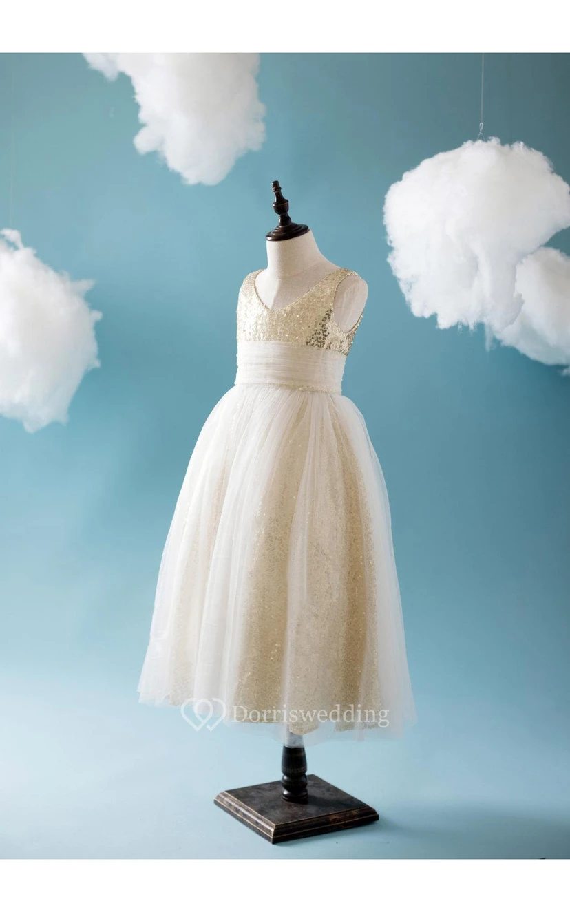 Empire V Neck Sleeveless Tulle Ball Gown With Sequins and Bandage view 2