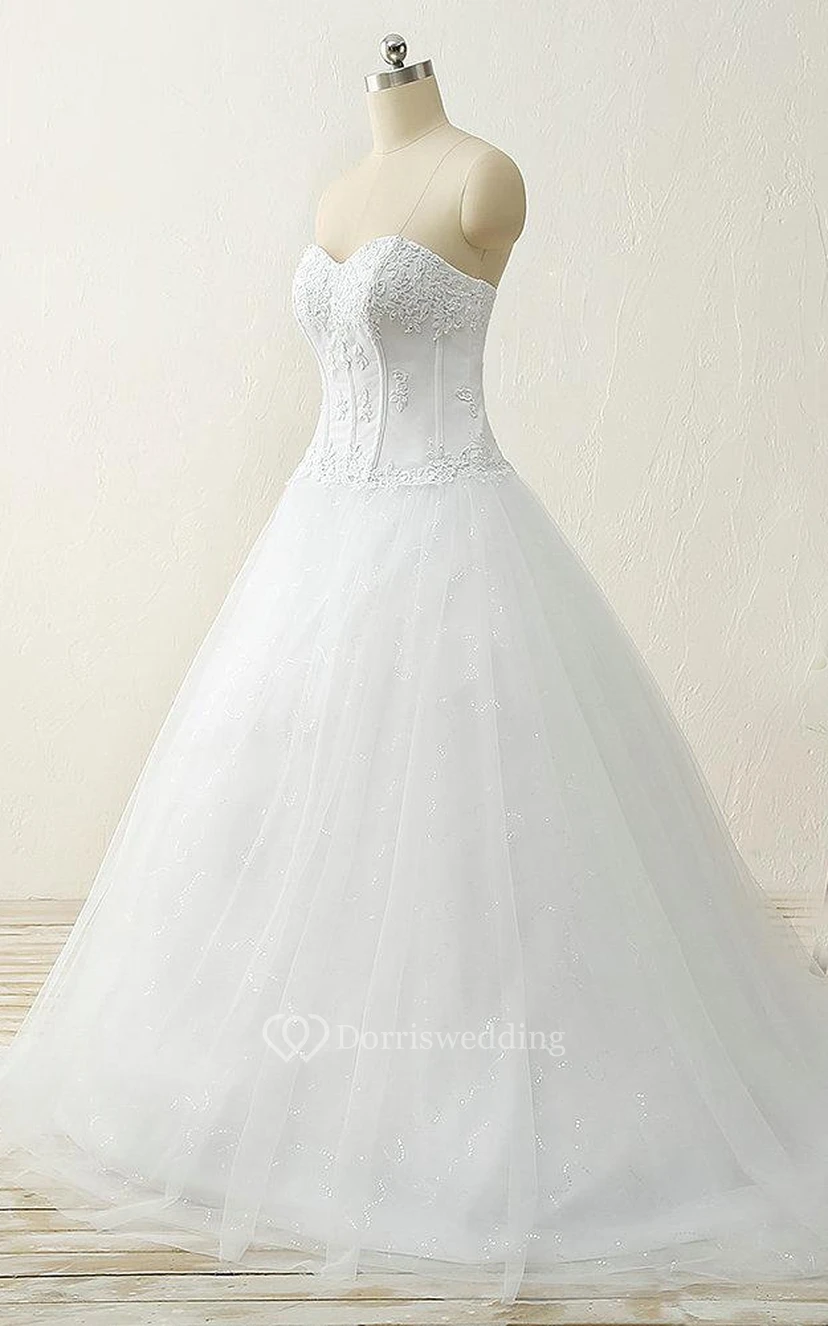 A-Line Ball Gown Floor-Length Straps Sweetheart Beading Appliques Sweep Train Corset Back Straps Tulle Lace Satin Dress view 5