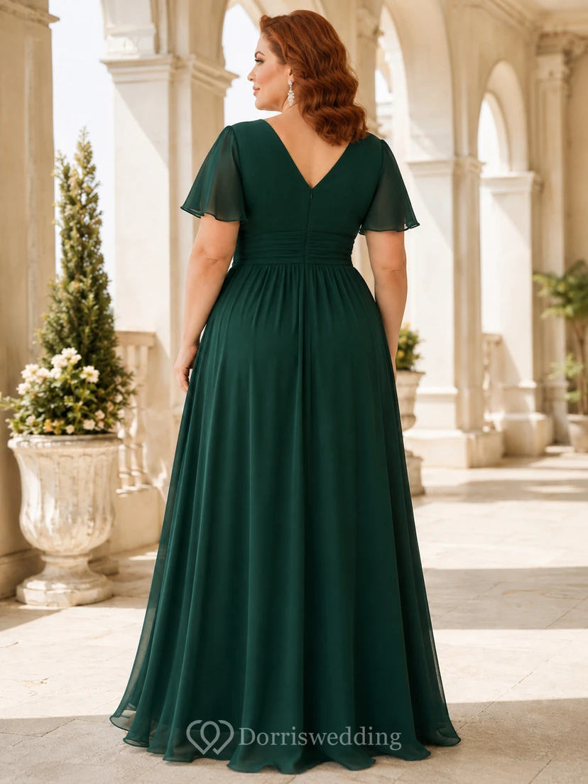 Smaragdgrünes Chiffon-Abendkleid in Übergröße mit V-Ausschnitt view 2