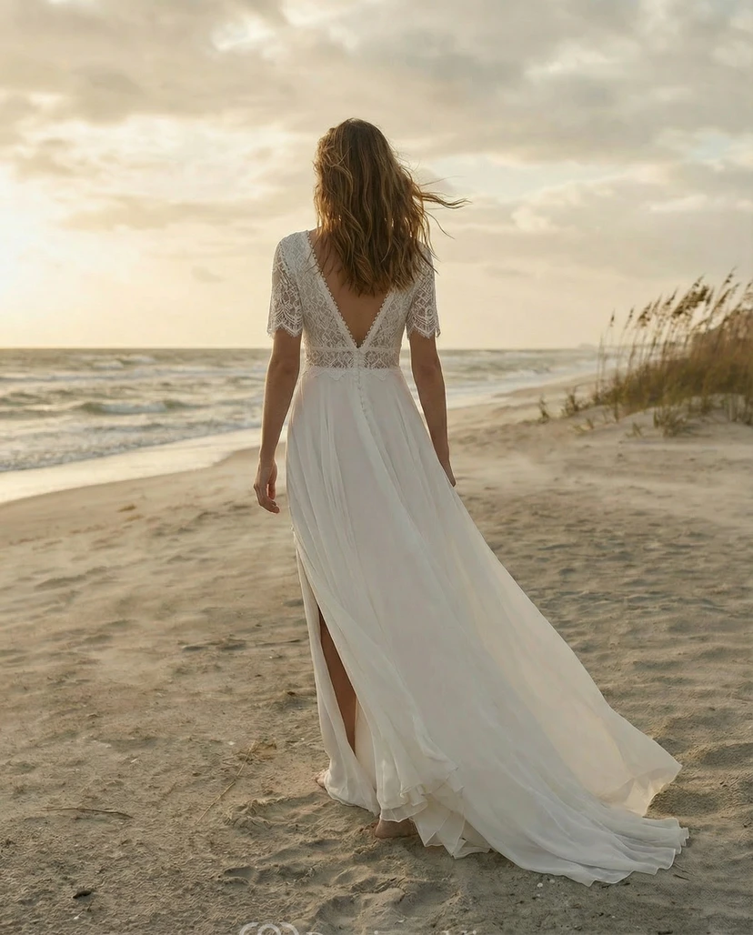 Casual Boho V-Neck Lace Wedding Dress - Short Sleeve Chiffon Bridal Gown with Button Detail and Slit view 3