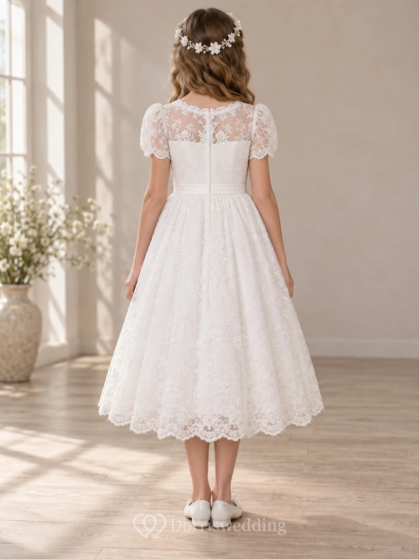 Modest White Tea-length Illusion Neck Short Sleeve Scalloped Lace Communion Dress view 2