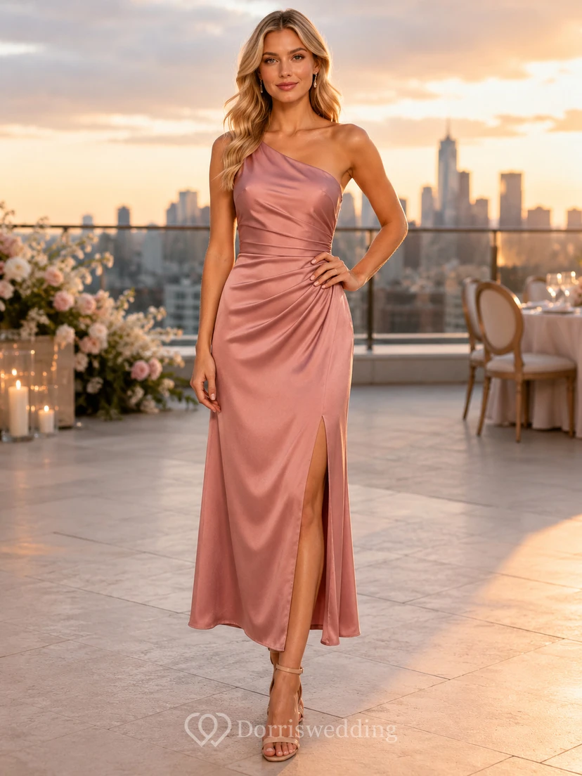 Rooftop Dusty Rose One-Shoulder Satin Sheath Tea-Length Slit Guest Dress