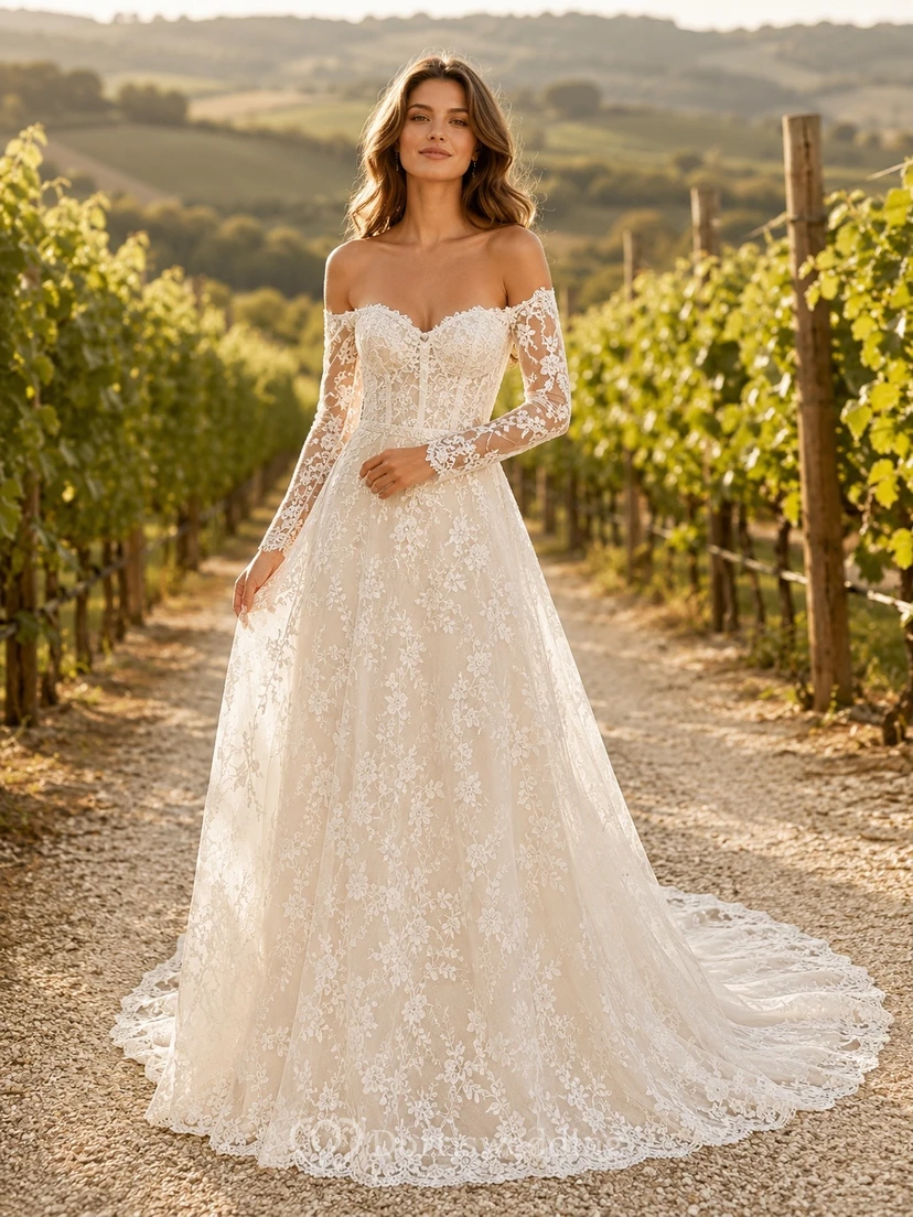 Vestido de novia formal de corte A con hombros descubiertos, romántico y elegante.