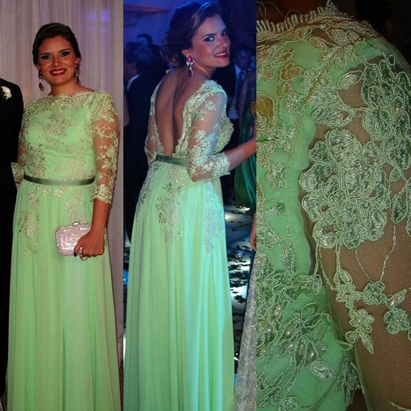 Lace Long Sleeve Open Back Dress New Arrival Gorgeous Gowns for Proms Appliques 3-4 Chiffon Evening view 5