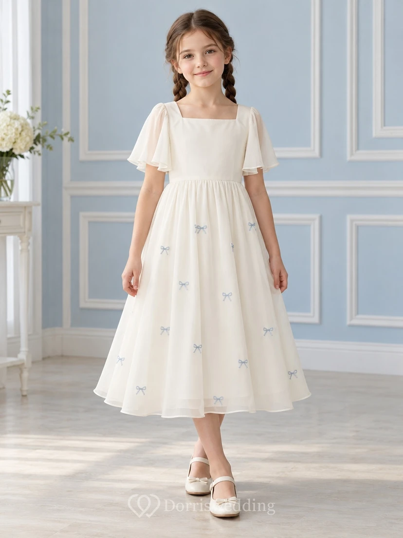Robe de demoiselle d'honneur en mousseline bleue, col carré, longueur thé, manches papillon arrondies, ivoire, nœud papillon.