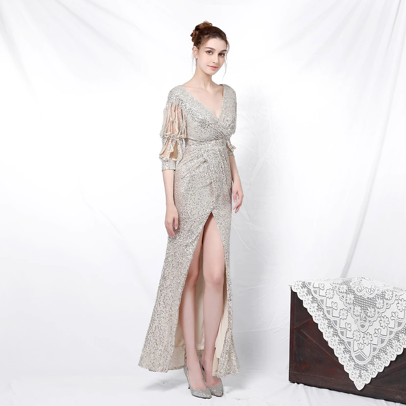 Elegantes, langärmeliges Paillettenkleid im Meerjungfrauenstil mit Meerjungfrauenschnitt – perfekt für festliche Anlässe. view 22