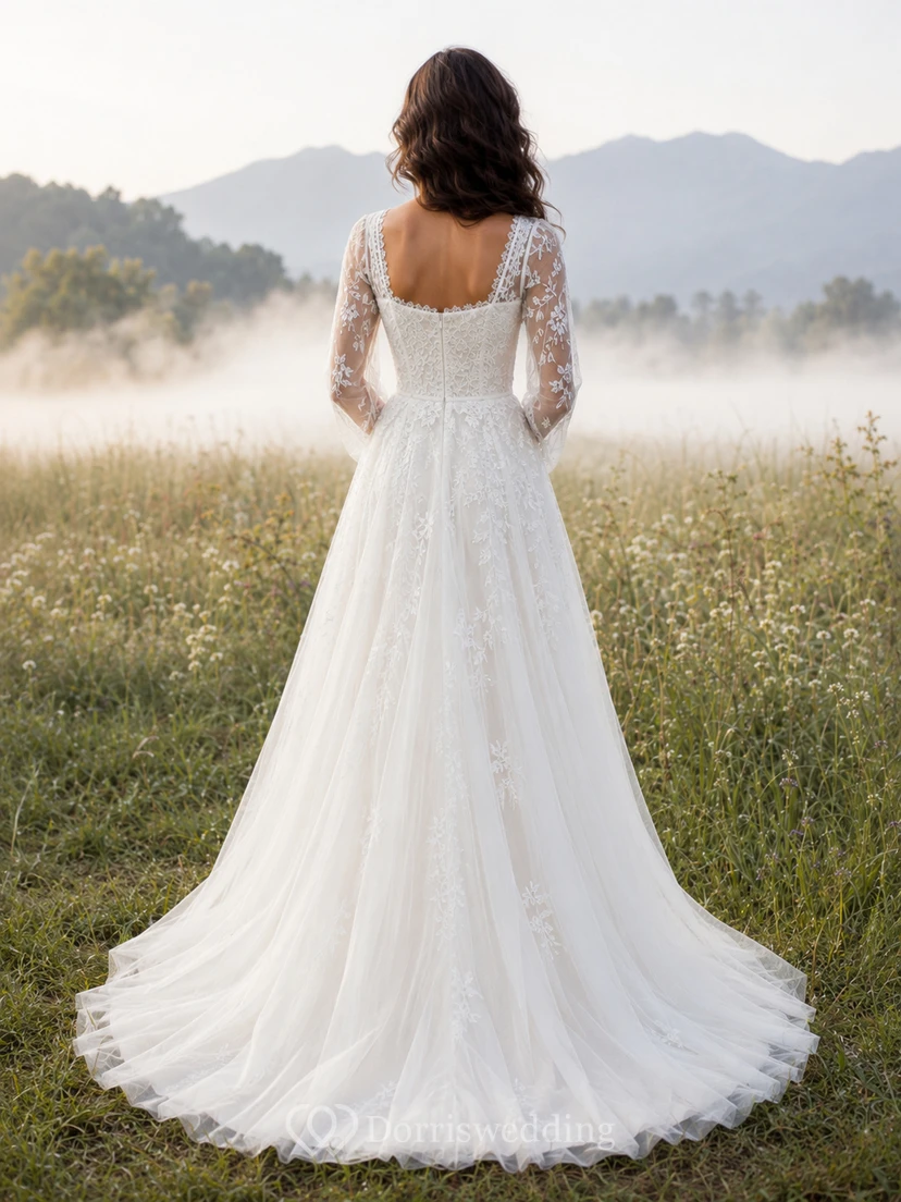 A-Linien-Hochzeitskleid mit quadratischem Ausschnitt, langen Ärmeln und Spitze im Meadow-Stil view 2
