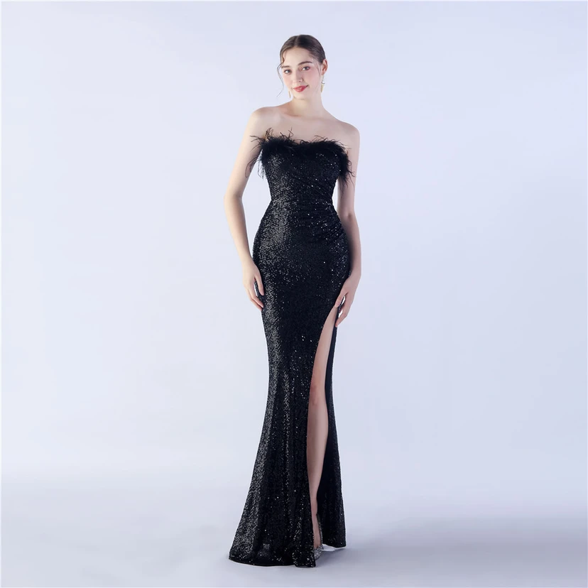 Ostrich Feather Plus Folding And Wrinkling Technology Host Dinner High-End Evening Dress view 2