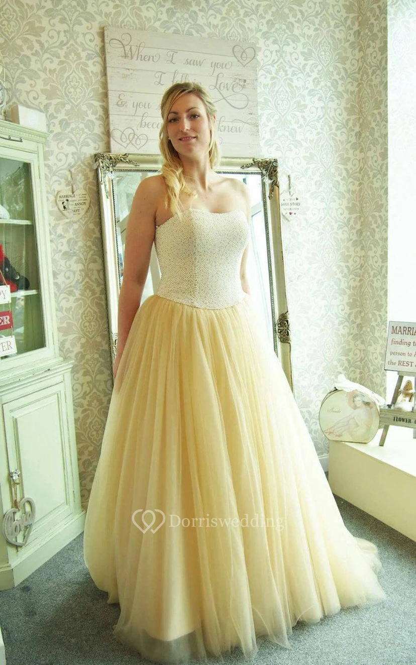 Tulle A-Line Strapless Gown With Lace-Up Back and Beaded Bodice view 2