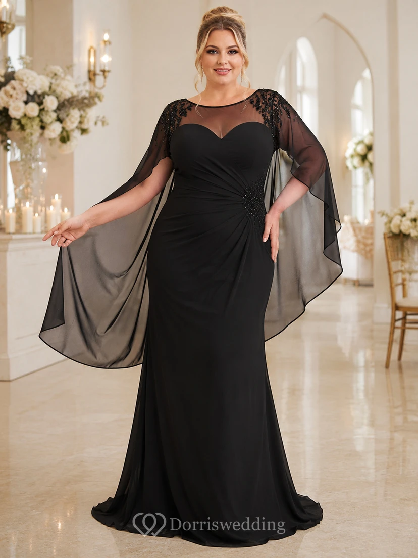 Robe de soirée sirène en dentelle noire illusion bateau, traîne balayée, grande taille