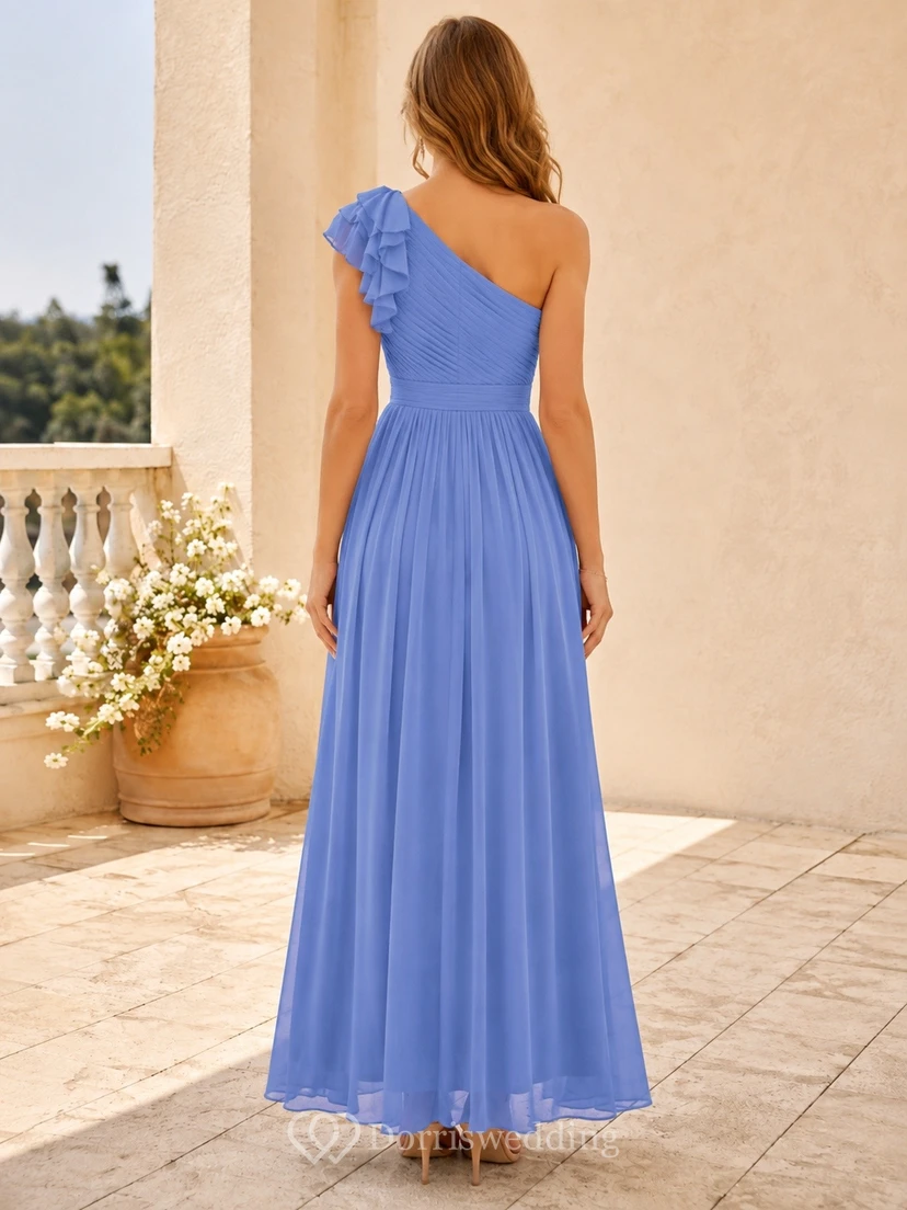 Royal Blue One-Shoulder Petal Sleeve A-Line Floor-length Elegant Maxi Dress view 2