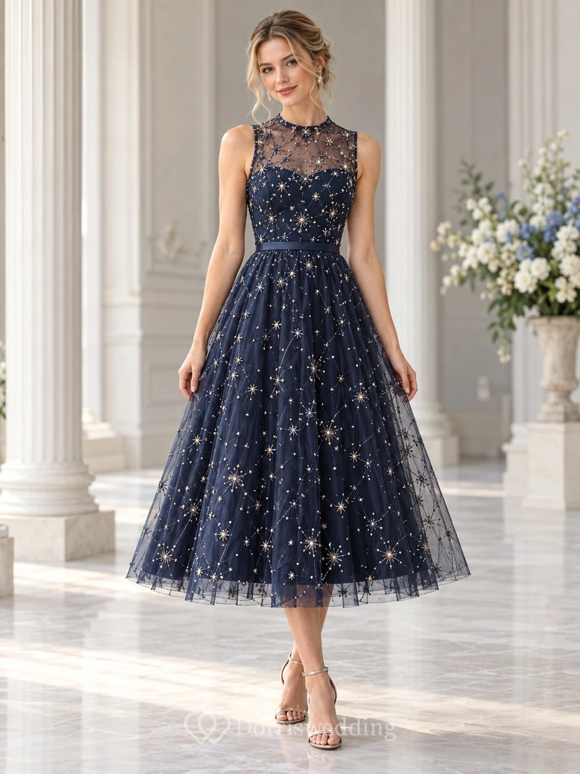 Dark Navy High Neck Star Embroidered Sleeveless Tea-length Dress