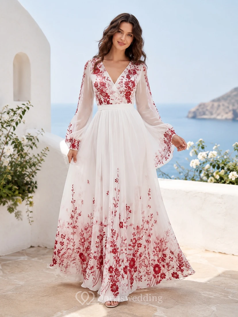 Rotes, geblümtes, glockenärmeliges, V-Ausschnitt-Spitzen-A-Linien-Brautkleid im Boho-Stil, bodenlang
