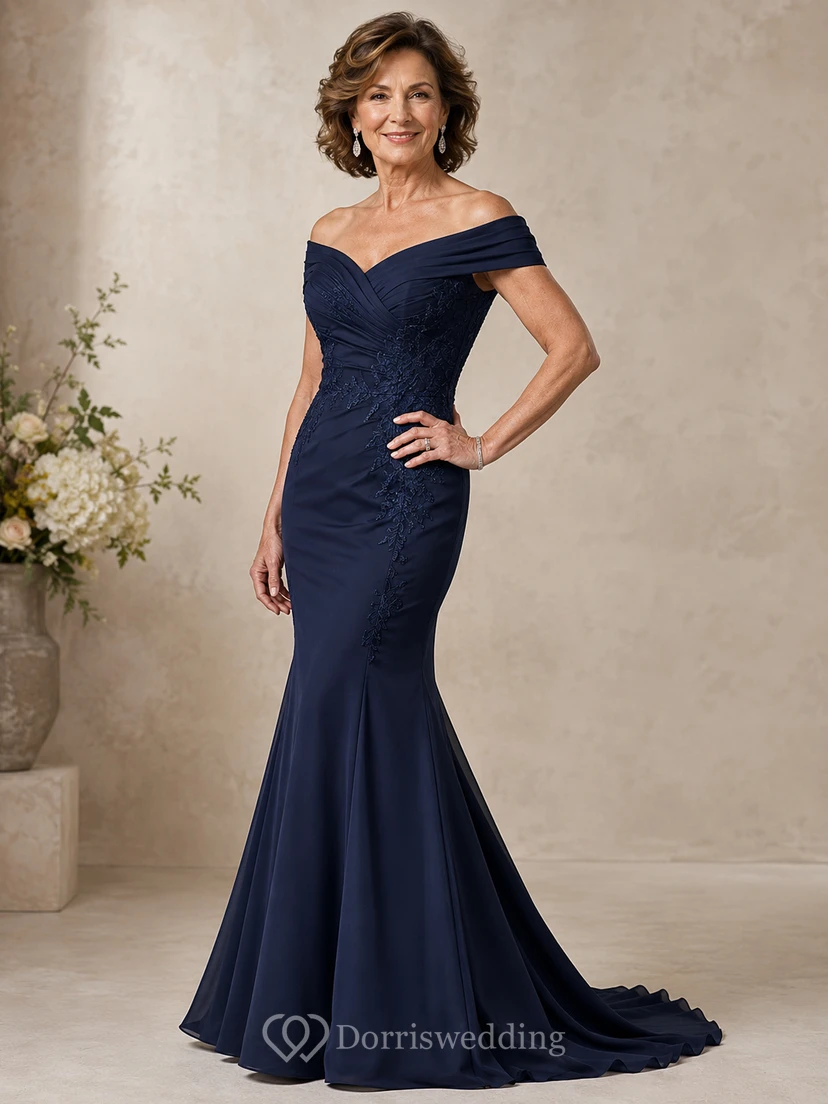 Mermaid Off-the-Shoulder Short Sleeve Stretch Satin Mother Dress with Ruching