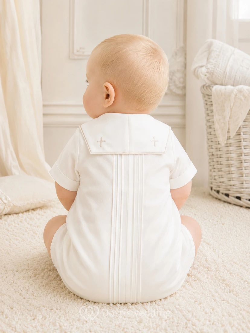 White Cross Sailor Collar Pintuck Short Sleeve Christening Romper for Baby Boy view 2
