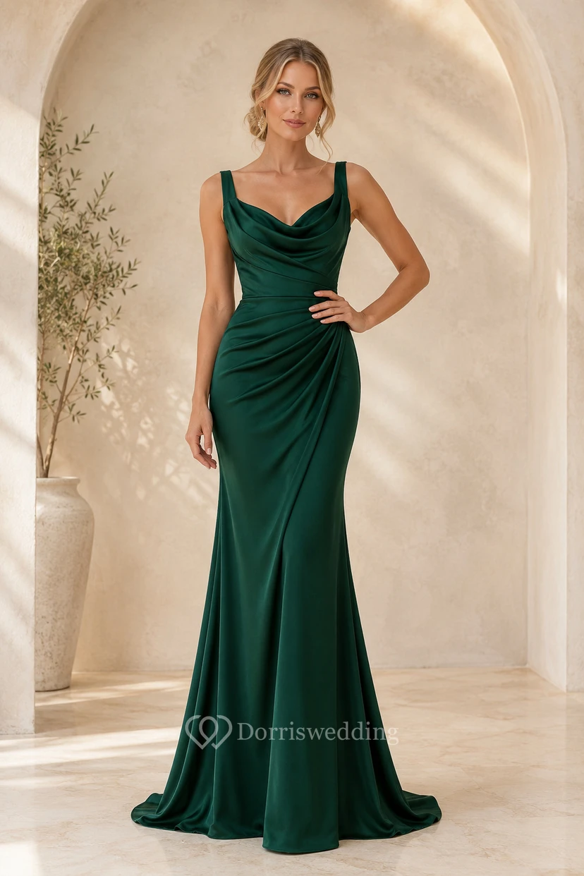 Plus Size Dunkelgrünes Satin-Brautjungfernkleid im Meerjungfrauenstil mit Wasserfallausschnitt und drapiertem Oberteil