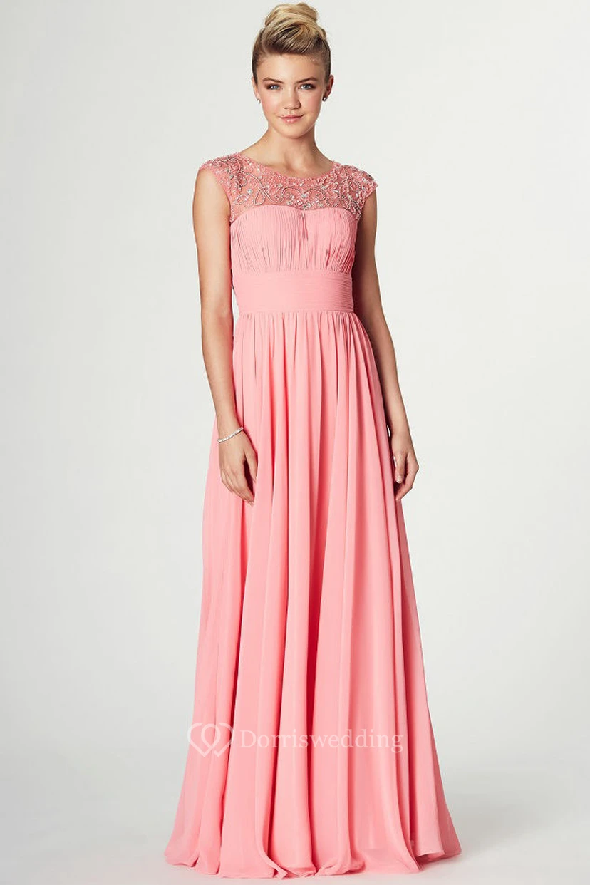 Maxi Ruched Sleeveless Scoop Neck Chiffon Prom Dress