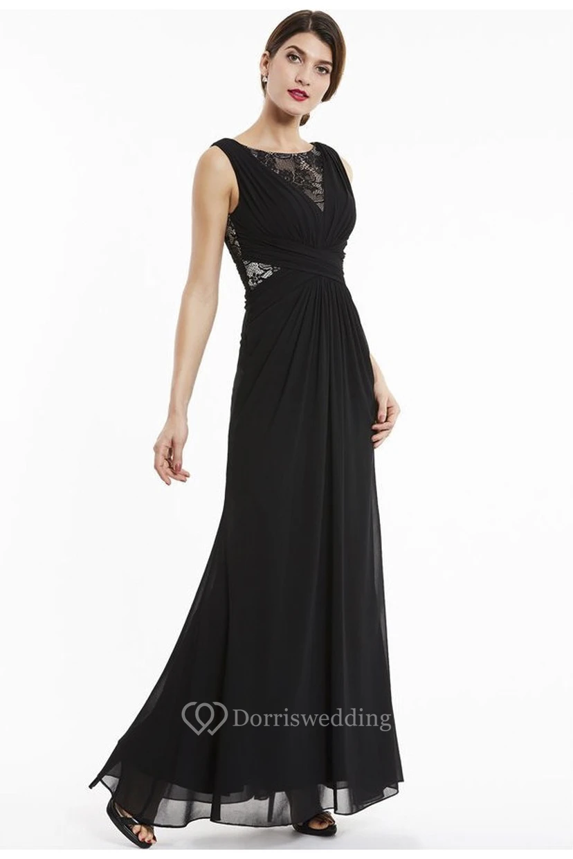 Elegantes, ärmelloses Chiffon-Abendkleid in A-Linie mit U-Boot-Ausschnitt und Spitzenapplikationen am Oberteil