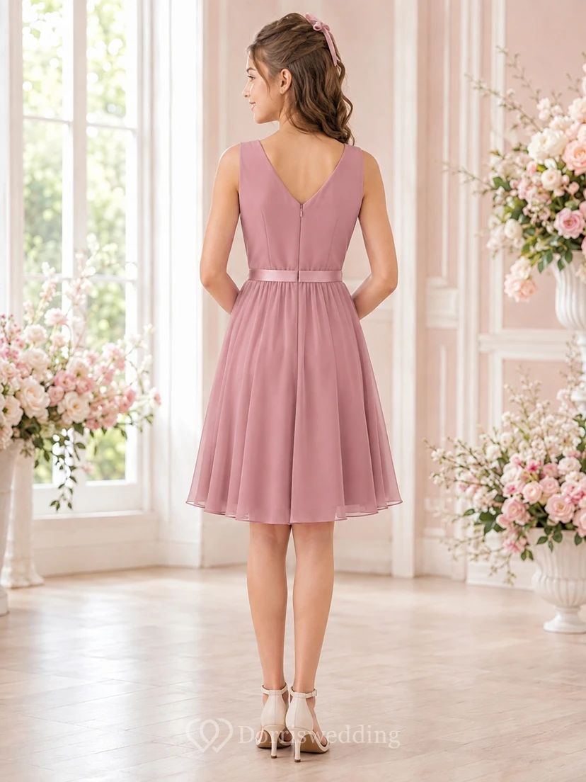 Vestido de dama de honor juvenil color rosa empolvado, corte en A, sin mangas, con detalles plisados y detalles joya. view 2