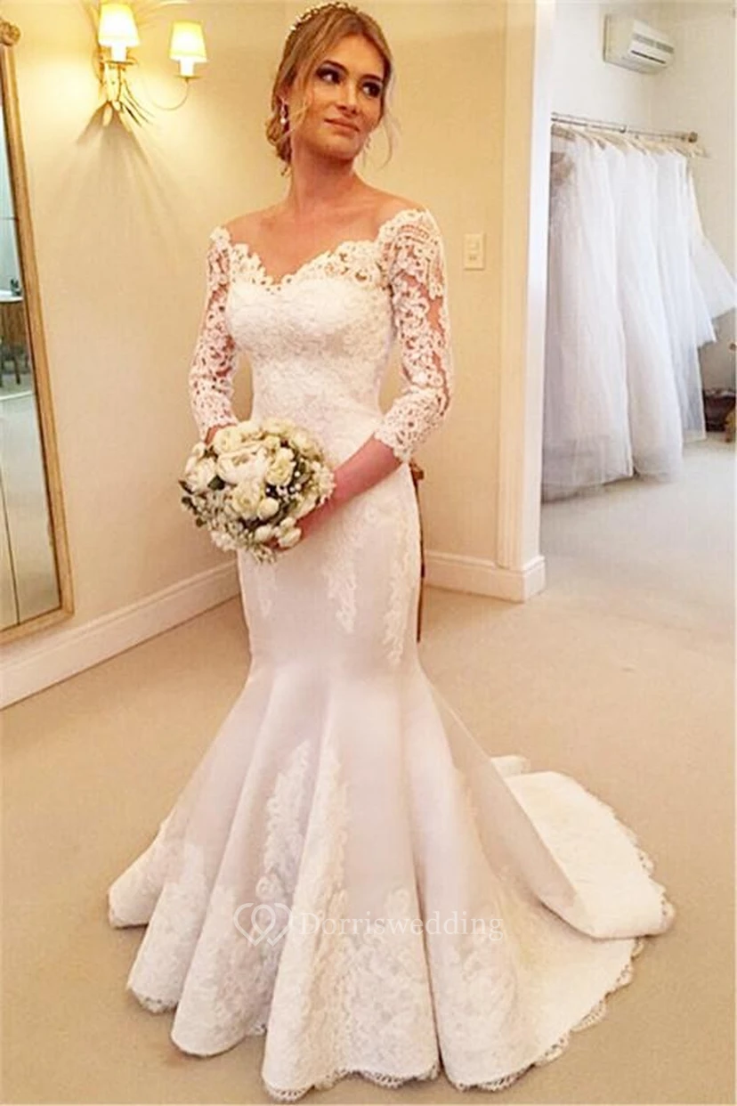 Modern Off-the-shoulder 3-4-longth-sleeve Mermaid Wedding Dress With Lace Appliques