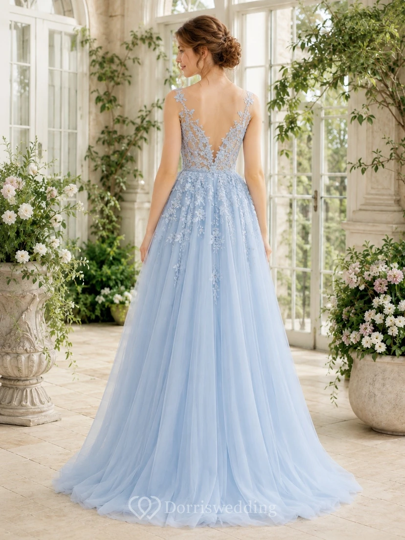 Sky Blue Chiffon V-Neck Cap Sleeve A-Line Prom Gown view 2