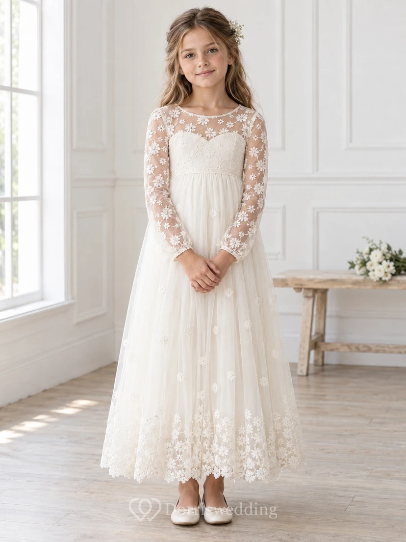 Long Sleeve Ivory Daisy Jewel Illusion Ankle-length A-Line Gathered Tulle Floral Border Cuff Flowergirl Dress