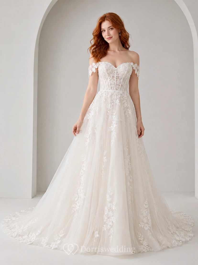 Vestido de novia de corte A con encaje y hombros descubiertos