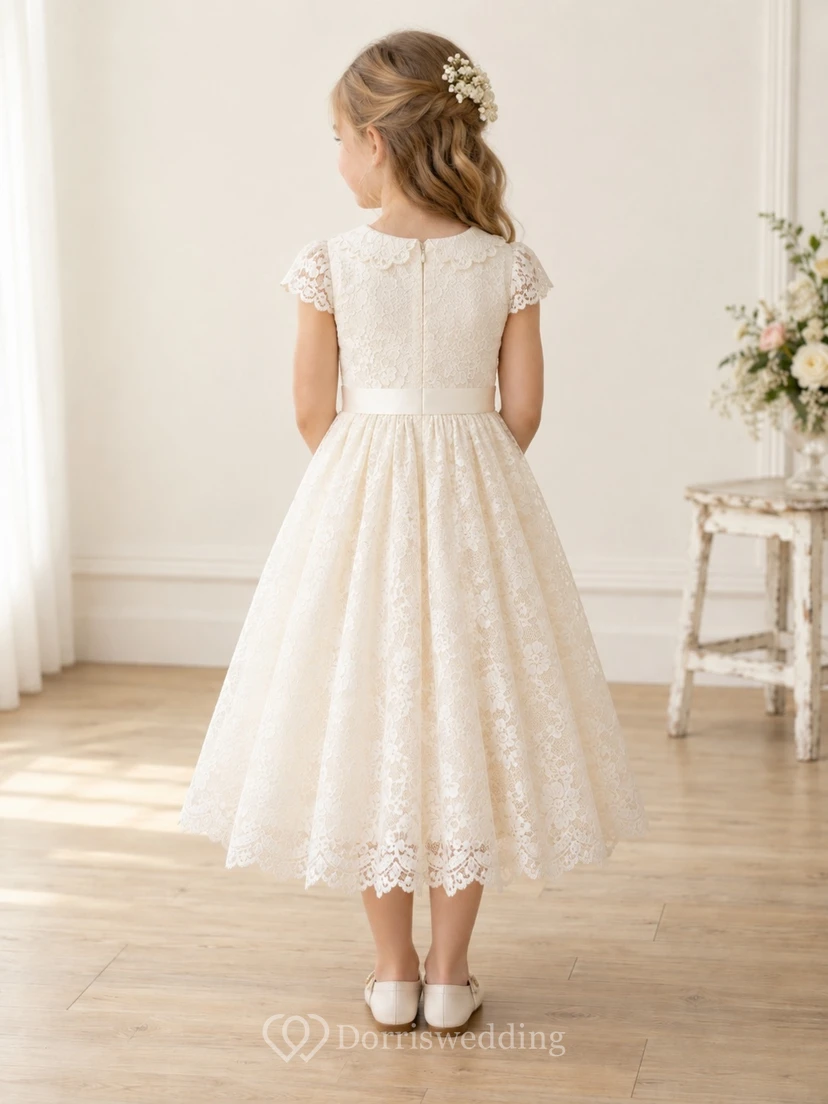 Vintage Tea-length Ivory Floral Jewel Scalloped Collar Cap Sleeve A-Line Gathered Lace Sash Flowergirl Dress view 2