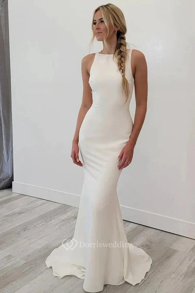 Simple Sheath Bateau-neck Sleeveless Low-v Back Wedding Dress