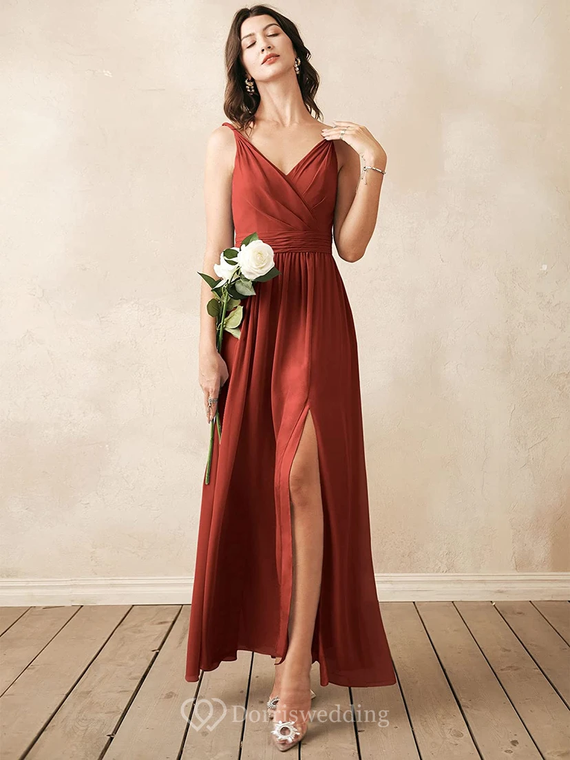 Romantic V-neck A Line Sleeveless Ankle-length Chiffon Bridesmaid Dress With Ruching