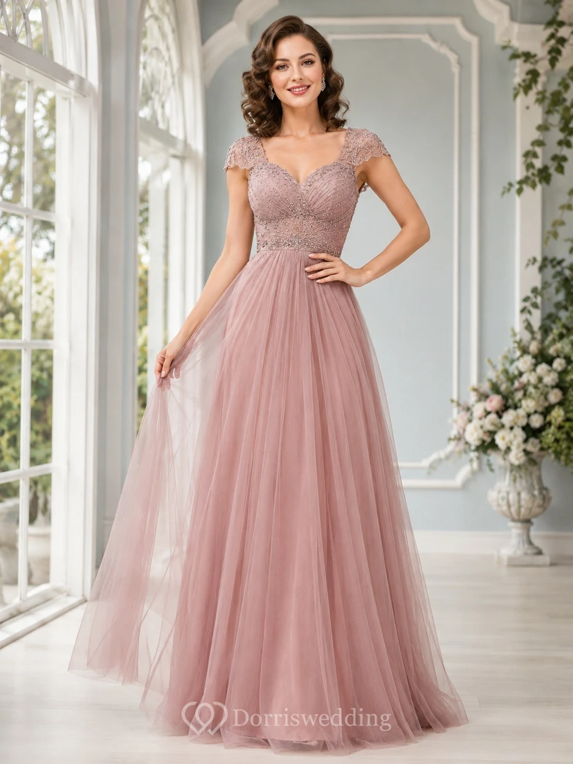 Dusty Rose Vintage Beaded Cap Sleeve Lace Tulle Floor-Length A-Line Formal Evening Dress