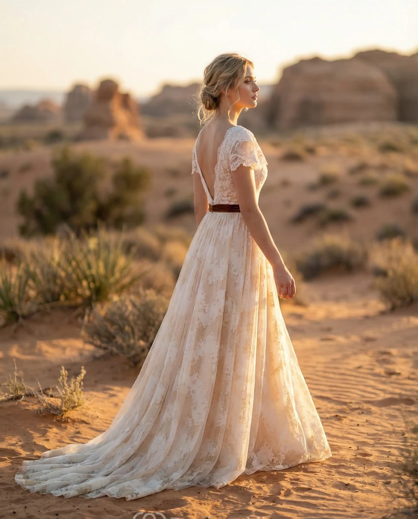 Robe de mariée champêtre bohème à col V - Robe en dentelle à manches papillon et ceinture en velours view 3
