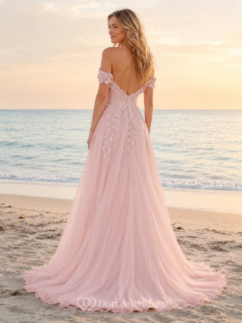 Blush Off-Shoulder Floral Applique Chiffon Beach Bridal Gown view 2