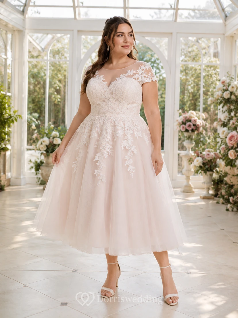 Lace Applique Tea-Length Wedding Dress