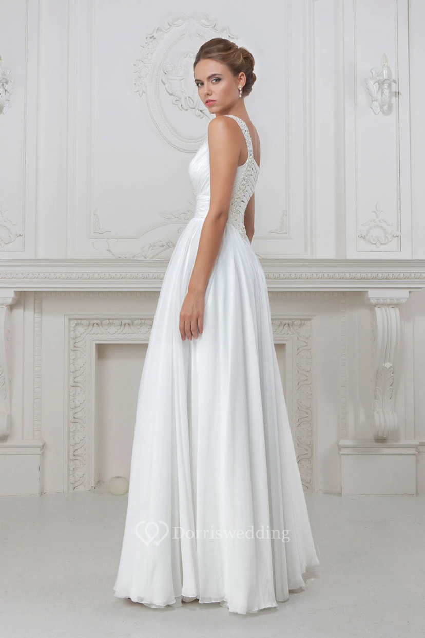 Sheath V-Neck Floor-Length Sleeveless Ruched Satin Wedding Dress With Beading view 3