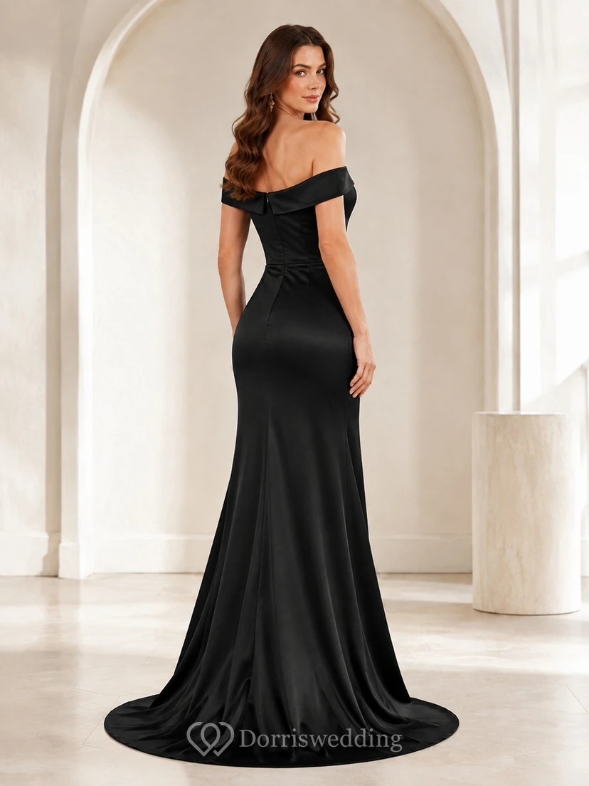 Black Mermaid Off Shoulder Sexy Draped Formal Evening Dress view 2