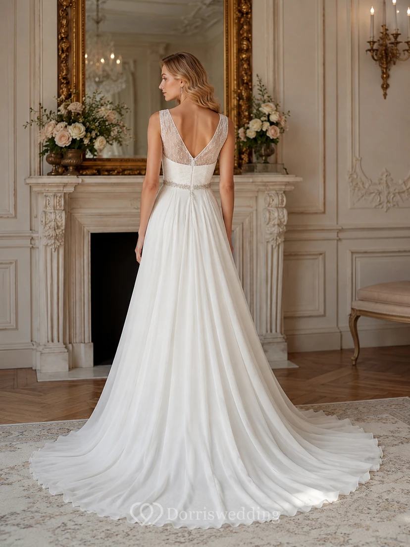 Empire-Chiffon-Brautkleid im griechischen Stil mit V-Ausschnitt, ärmellos und mit Perlenstickerei view 3