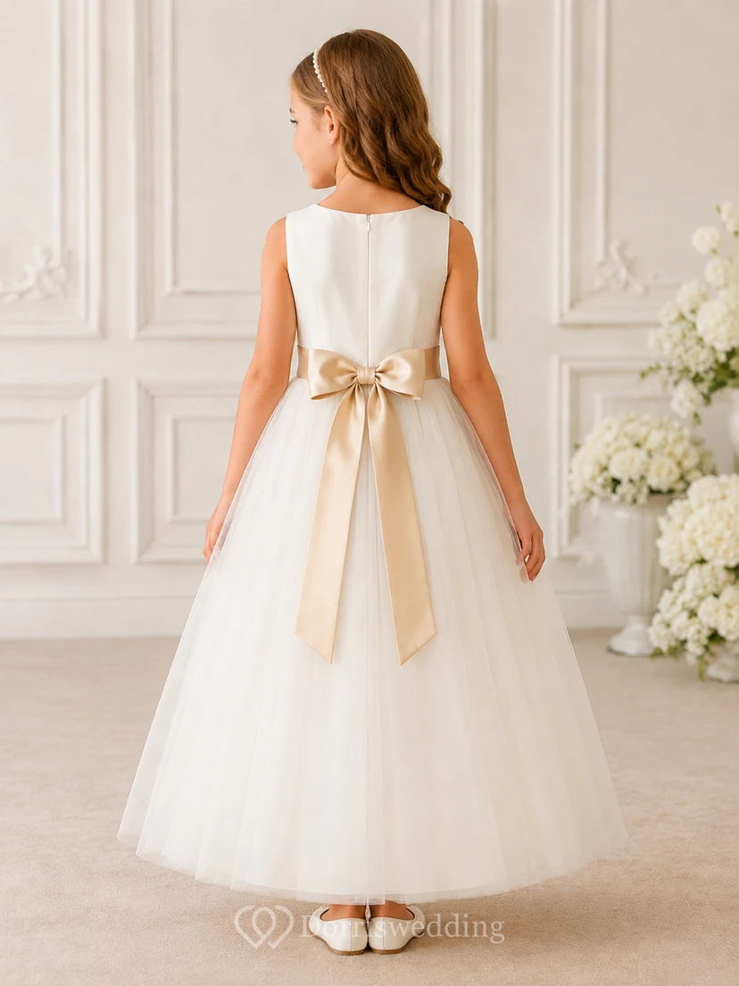 Klassisches A-Linien-Kleid aus Tüll für Blumenmädchen mit Rundhalsausschnitt, wadenlangem Rock und Schleifendetail view 2