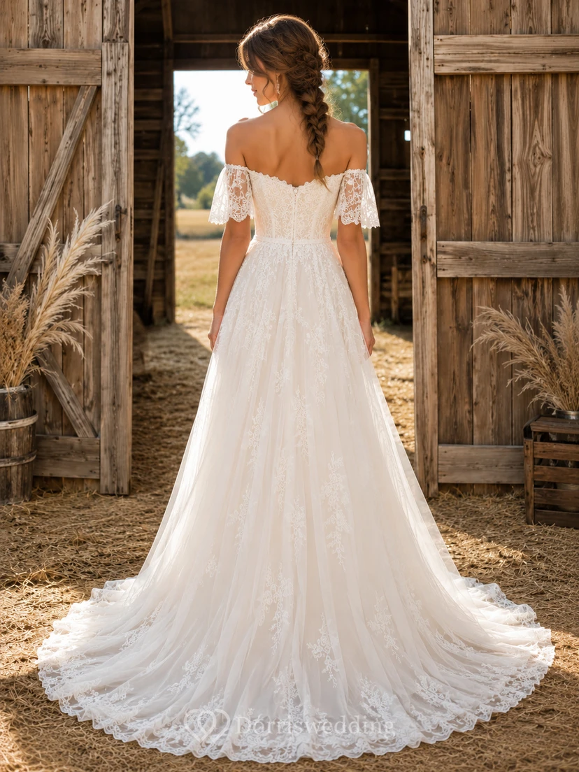 Boho Off Shoulder Flutter Lace A Line Chapel Country Wedding Dress view 2