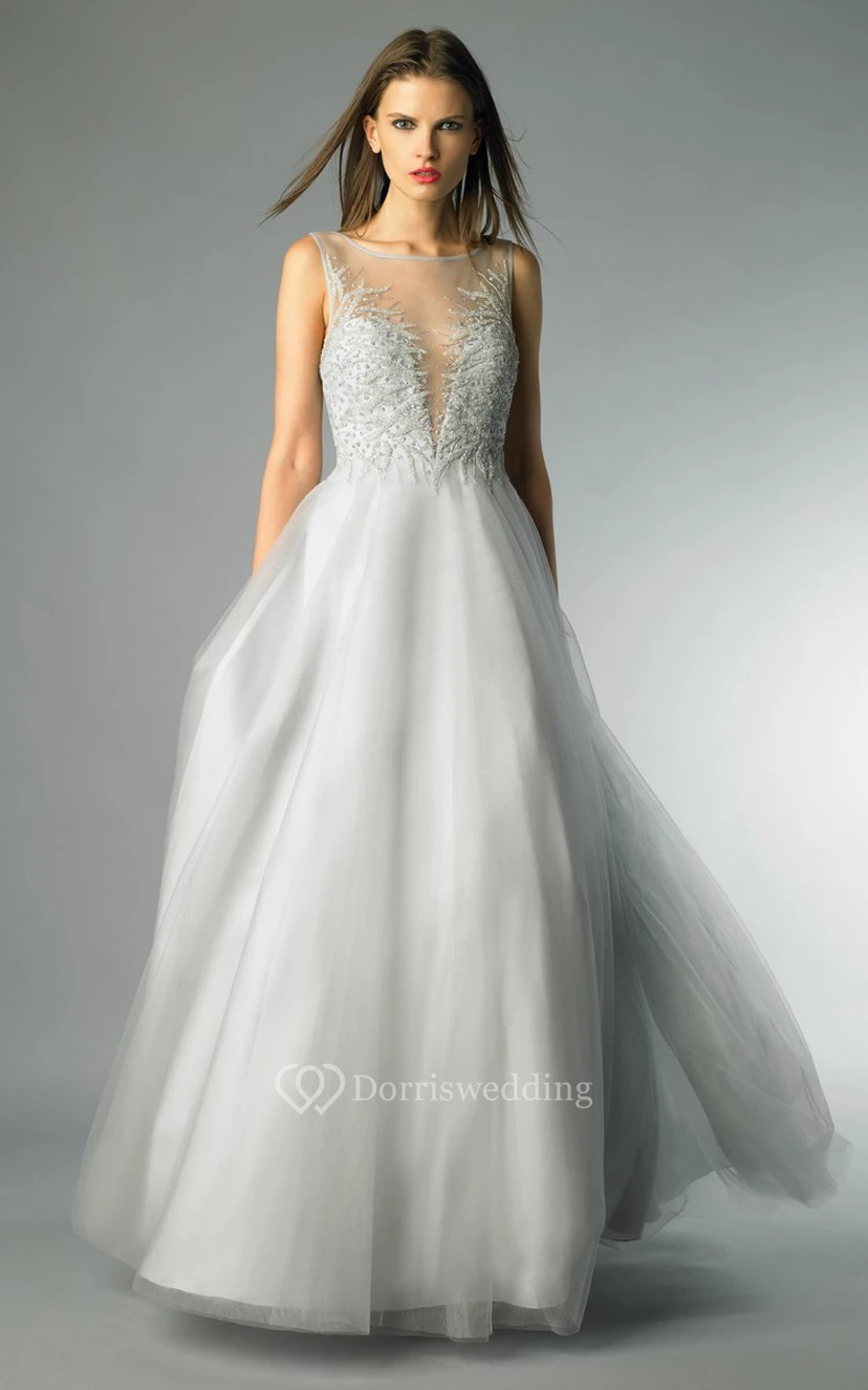 A-line Floor-length Bateau Sleeveless Tulle Low-V Back Dress view 3